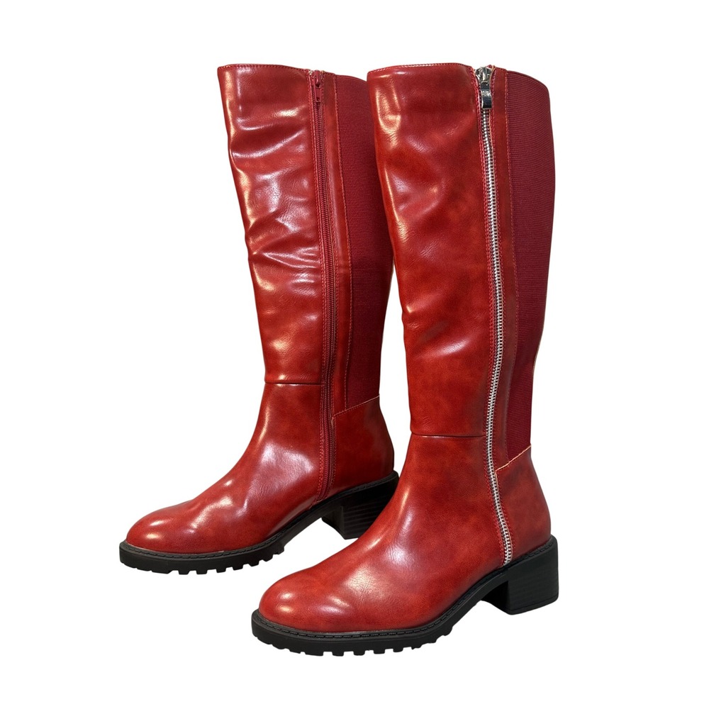 Journee Collection Tall Boots 6.5 Red NWT Extra Wide Calf Lug Sole Knee High Zip